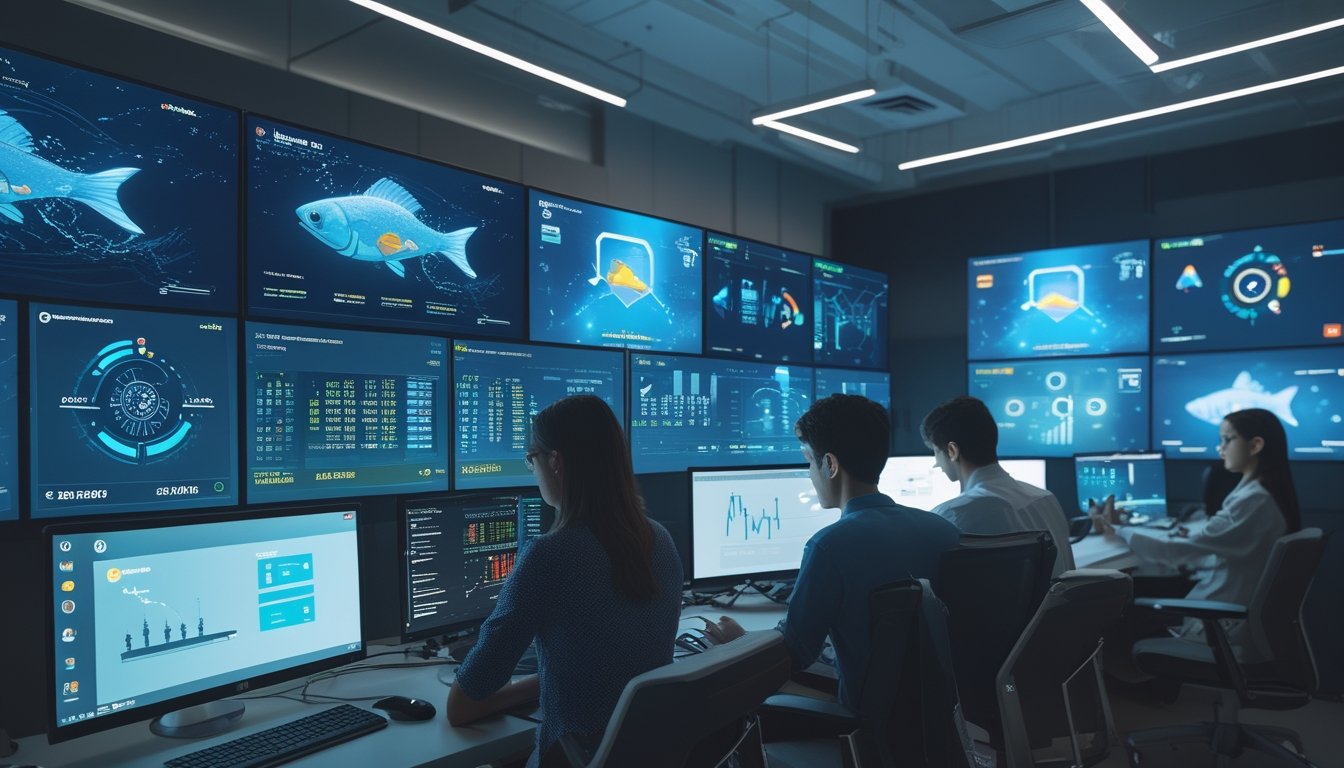 Tim analis keamanan memeriksa sistem permainan ikan digital dengan indikator perlindungan dan keadilan pada beberapa monitor.