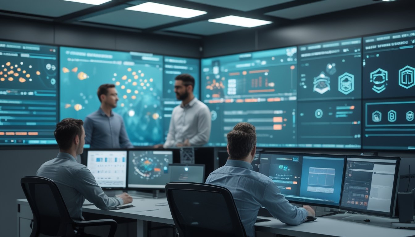 Tim analis keamanan siber memantau sistem permainan ikan digital di pusat operasi modern.