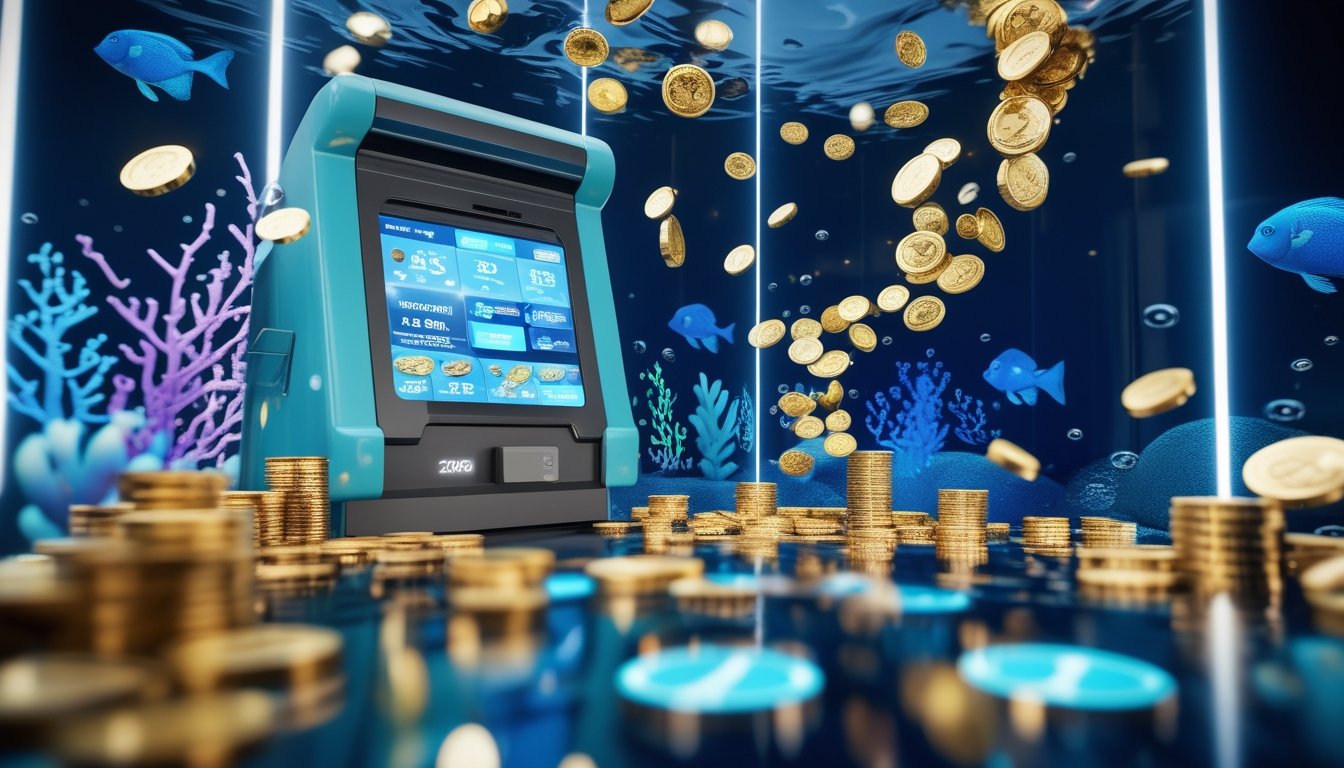 Mesin permainan menembak ikan bertema bawah laut dengan koin emas dan hadiah yang mengalir ke dompet digital.
