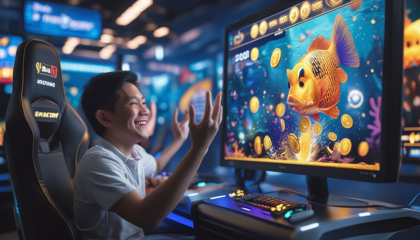 Seorang pemain gim tersenyum merayakan kemenangan besar di depan layar permainan bertema ikan.