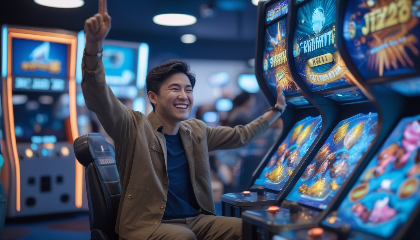 Seorang pemain tersenyum merayakan kemenangan jackpot di mesin permainan tembak ikan dalam arena permainan yang bercahaya.
