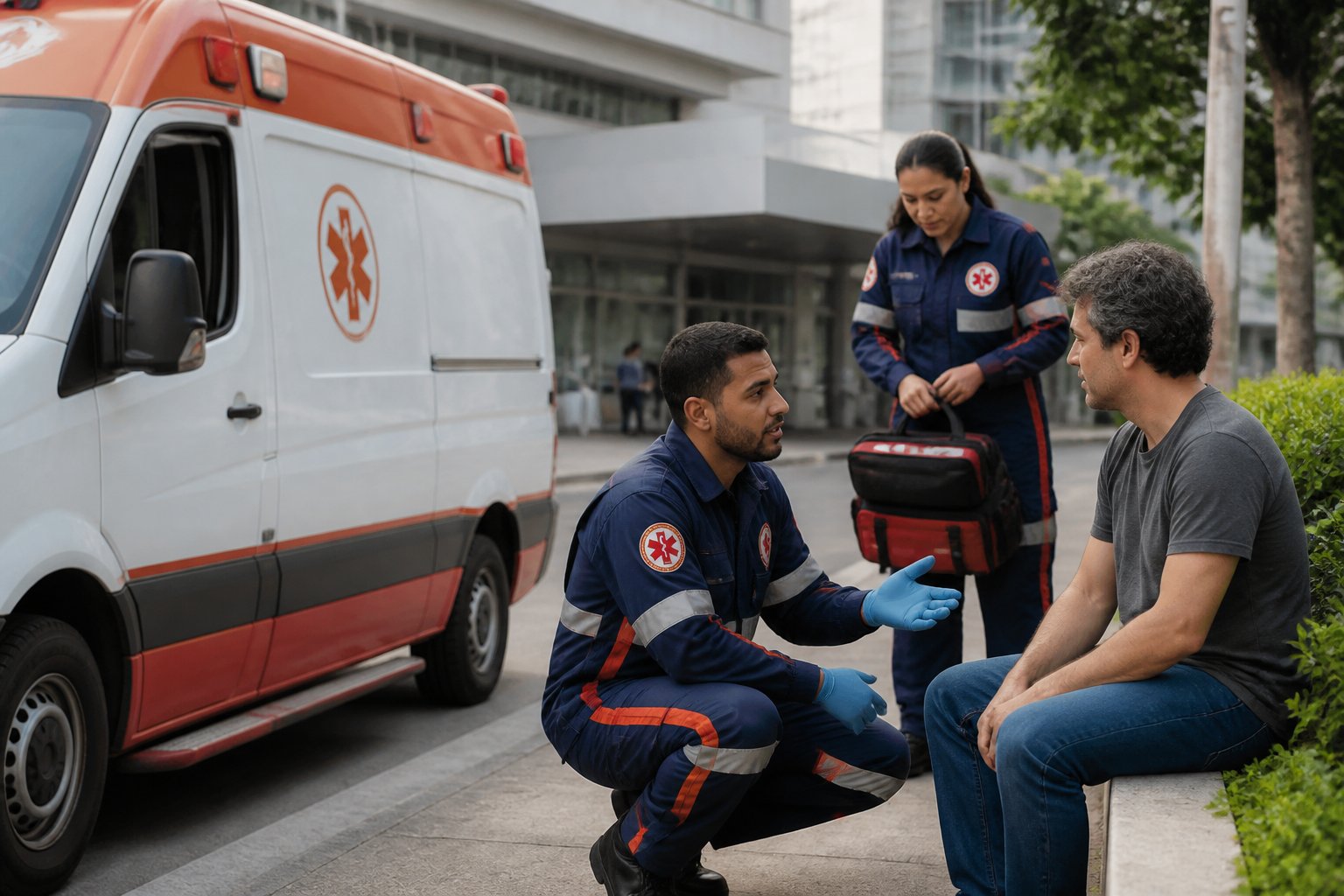 Socorristas do SAMU atendem calmamente uma pessoa ao lado de uma ambulância, com um serviço de saúde ao fundo.