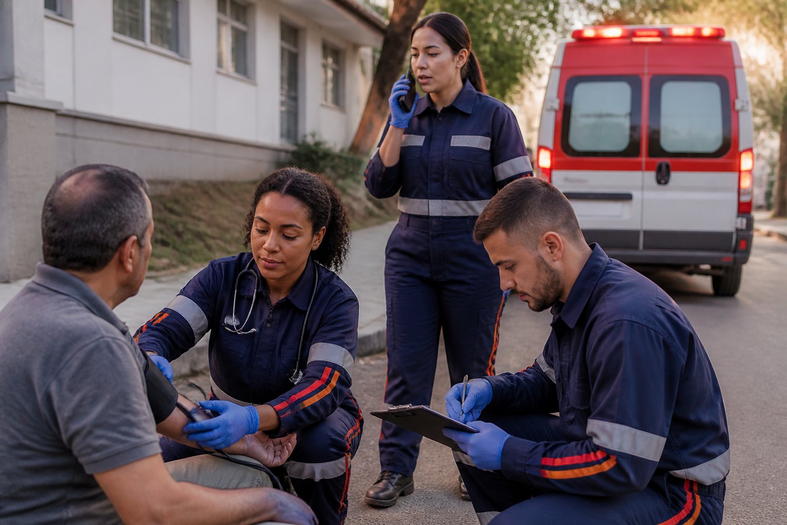 Equipe de emergência presta atendimento a uma pessoa ao lado de uma ambulância.