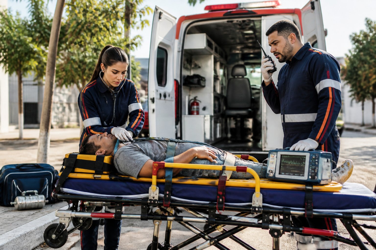Equipe do SAMU atende uma pessoa em uma maca ao lado de uma ambulância.