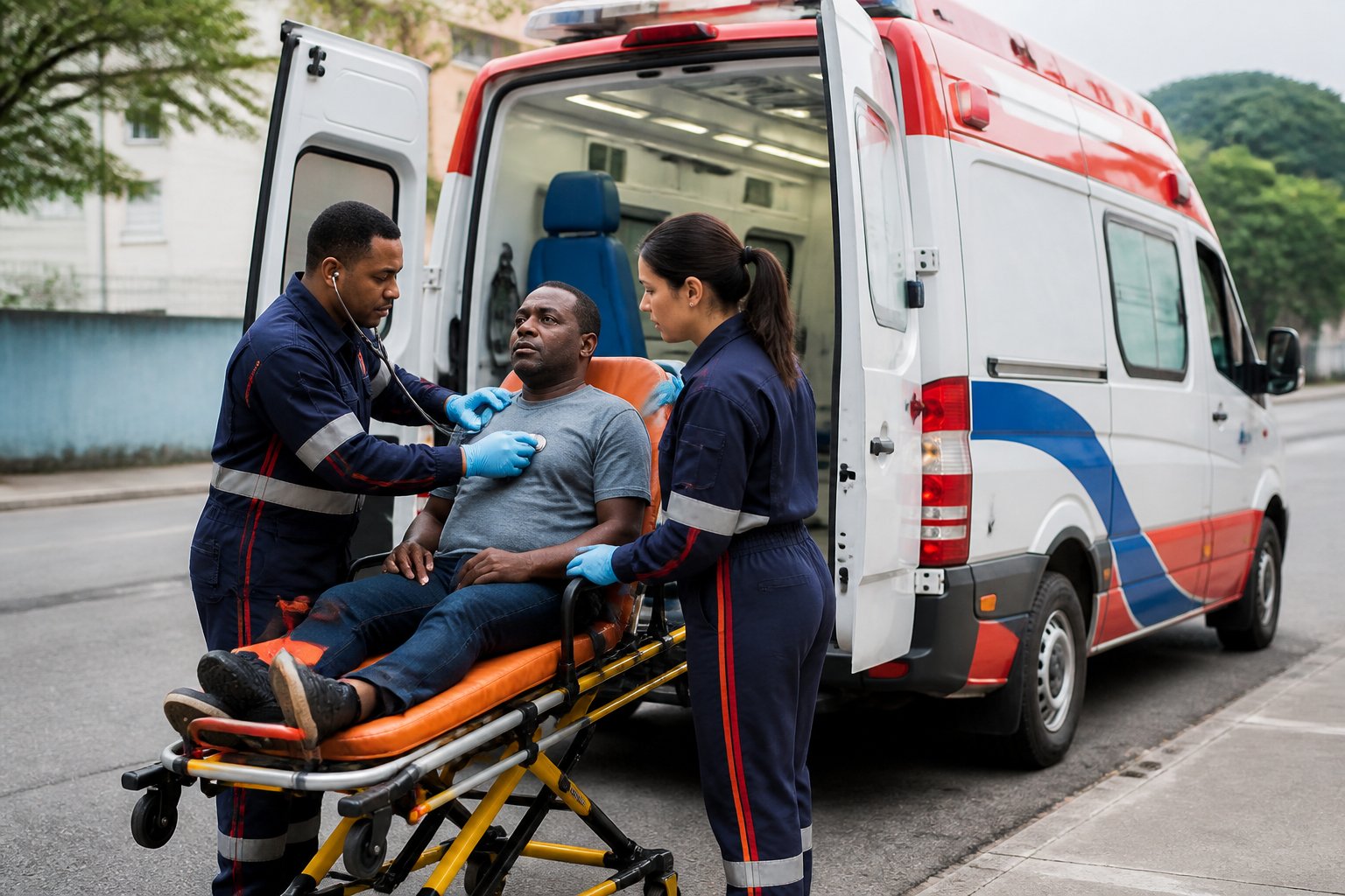 Paramédicos prestam atendimento a uma pessoa ao lado de uma ambulância em uma rua urbana.