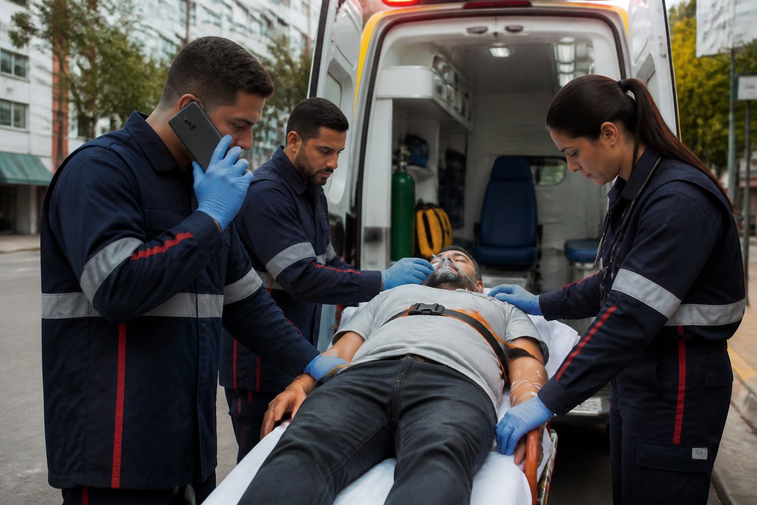 Paramédicos atendem uma pessoa em uma maca ao lado de uma ambulância.