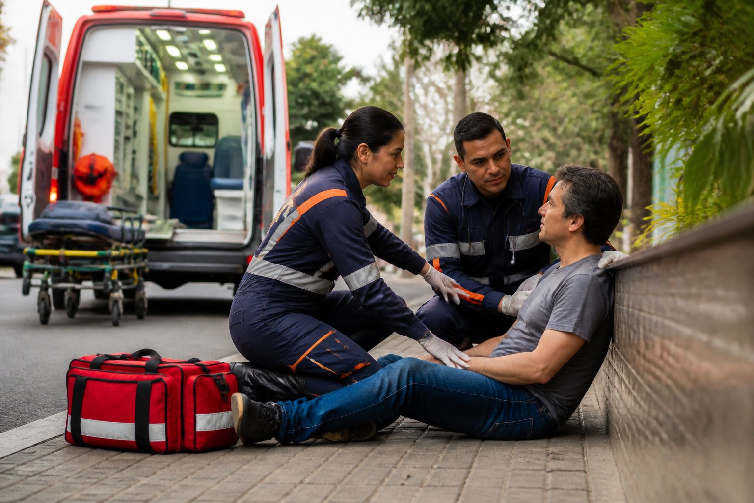Socorristas atendem uma pessoa ao lado de uma ambulância estacionada em uma rua.