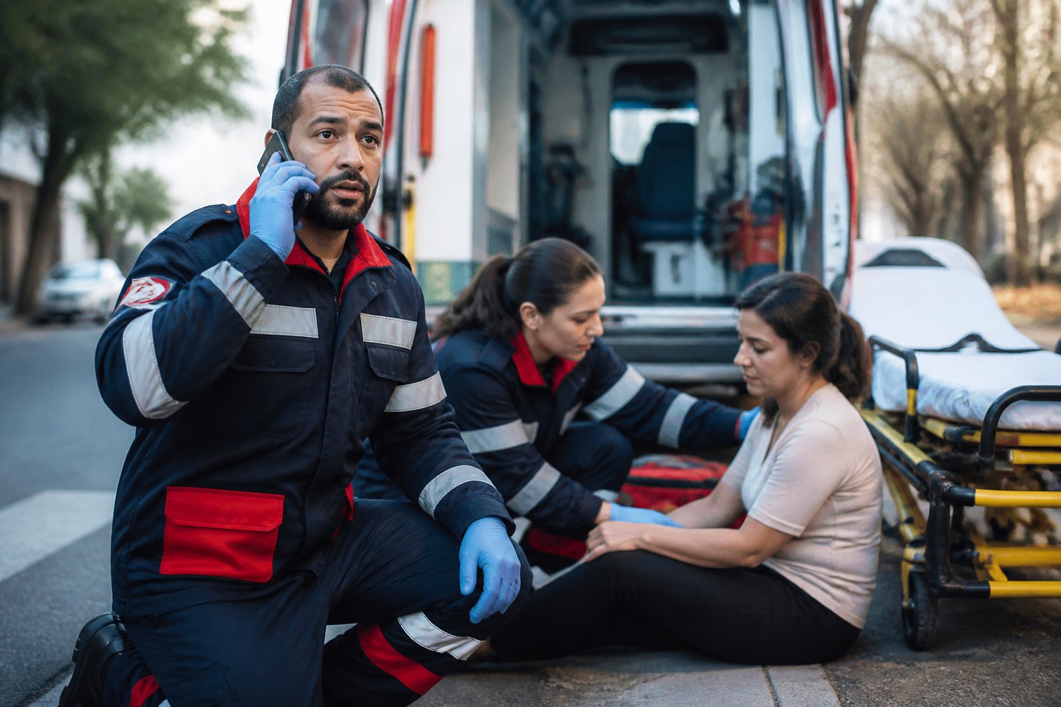 Paramédicos atendem uma pessoa ao lado de uma ambulância enquanto alguém faz uma chamada de emergência.