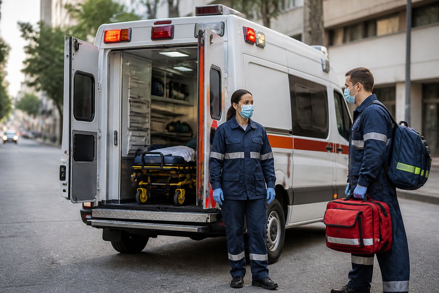 Ambulância moderna com dois profissionais de atendimento pré-hospitalar em uma rua urbana.