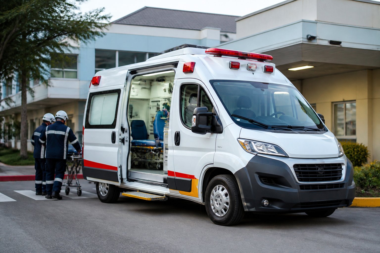 Carro de ambulância branco estacionado em frente a uma unidade de saúde, com profissionais de emergência ao lado.