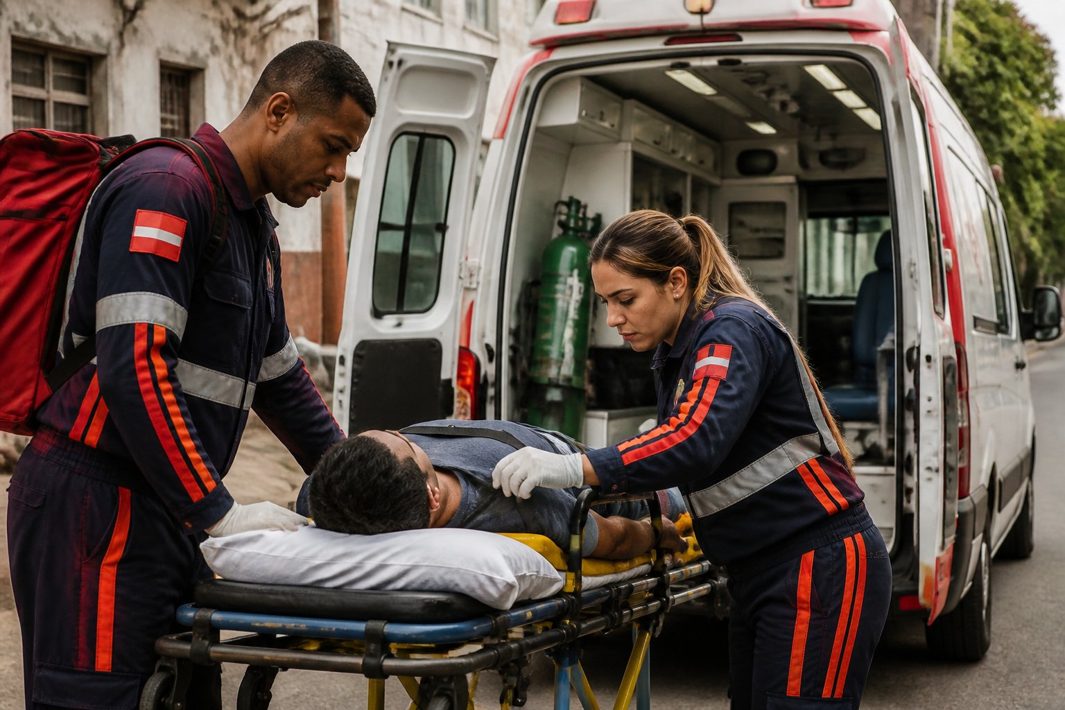 Socorristas atendem um paciente em uma maca ao lado de uma ambulância em uma rua urbana.