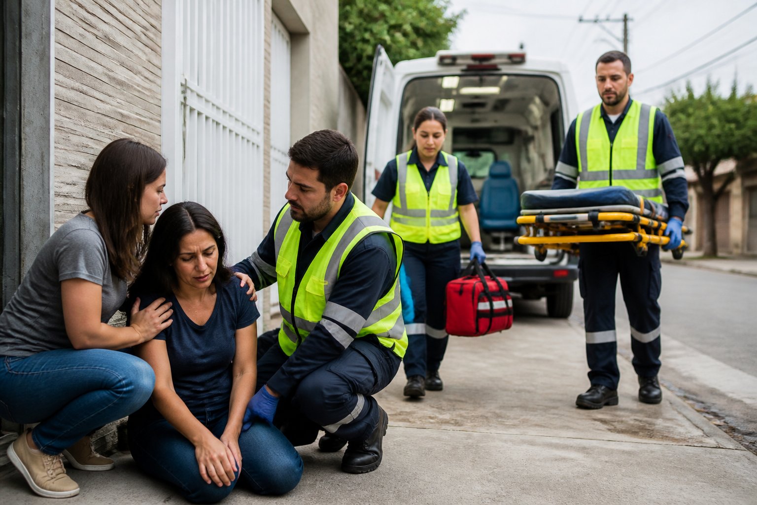 Equipe de emergência médica atende uma pessoa em frente a uma residência enquanto uma ambulância aguarda ao fundo.