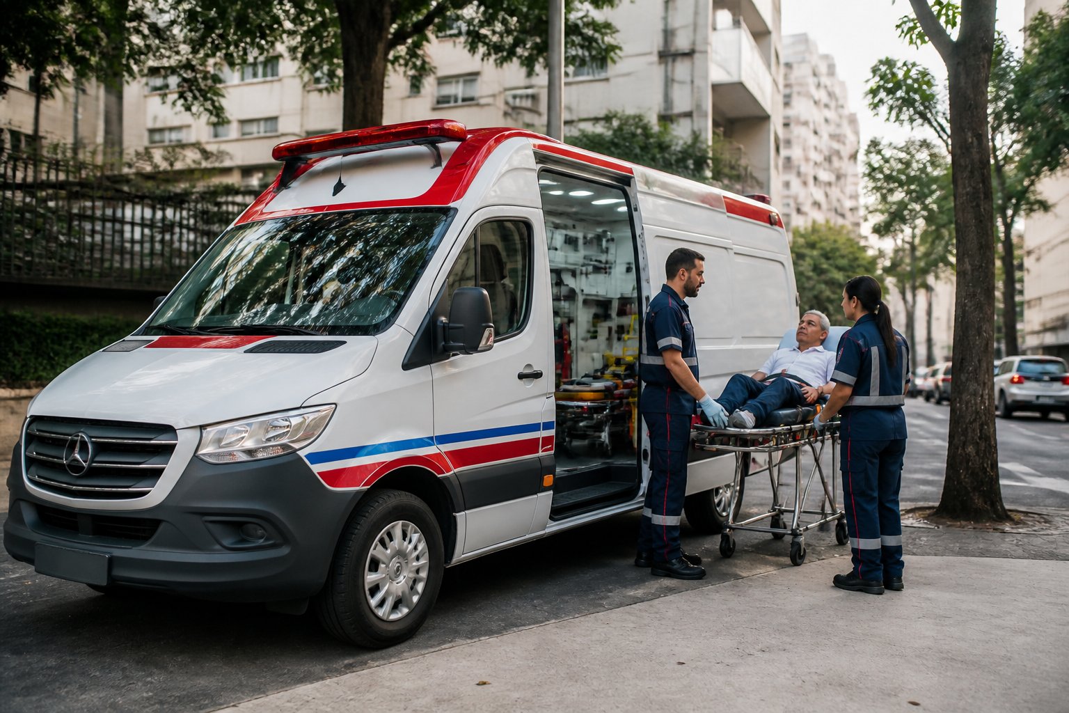 Ambulância Particular Zona Leste: Atendimento Rápido e Confiável 1 Ambulância particular estacionada em uma avenida urbana, acompanhada por profissionais de saúde.