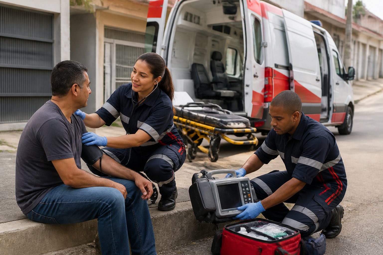 Ambulância Particular Zona Leste: Atendimento Rápido e Confiável 2 Equipe de atendimento de uma ambulância avalia os sinais vitais de um paciente em uma área urbana.