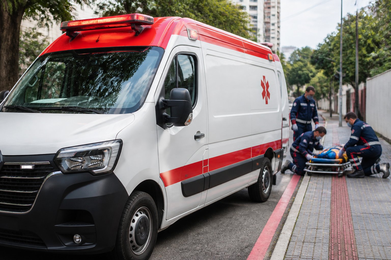 Ambulância de emergência estacionada em uma rua enquanto profissionais de saúde prestam atendimento.