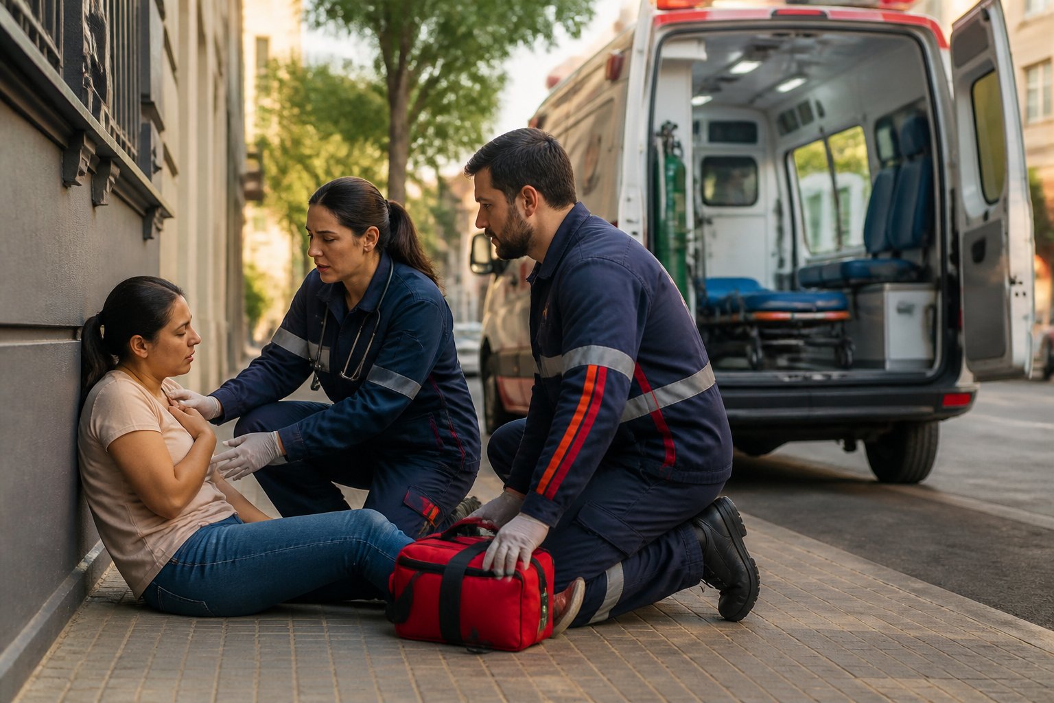 Paramédicos prestam atendimento a uma pessoa em uma calçada enquanto uma ambulância está estacionada ao fundo.
