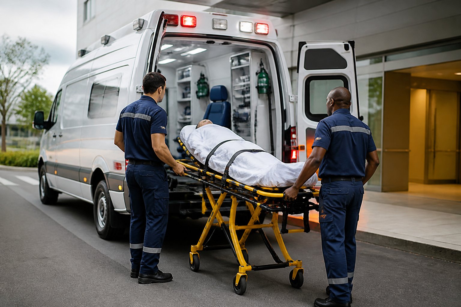 Profissionais de emergência transportam uma pessoa em uma maca para um carro ambulância diante de uma unidade de saúde.