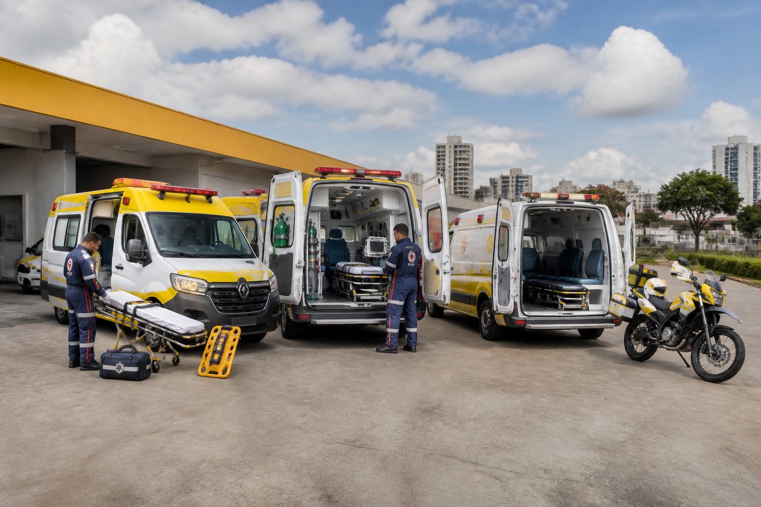 Diferentes tipos de ambulância do SAMU estacionados em um centro operacional, com profissionais preparando equipamentos de atendimento.