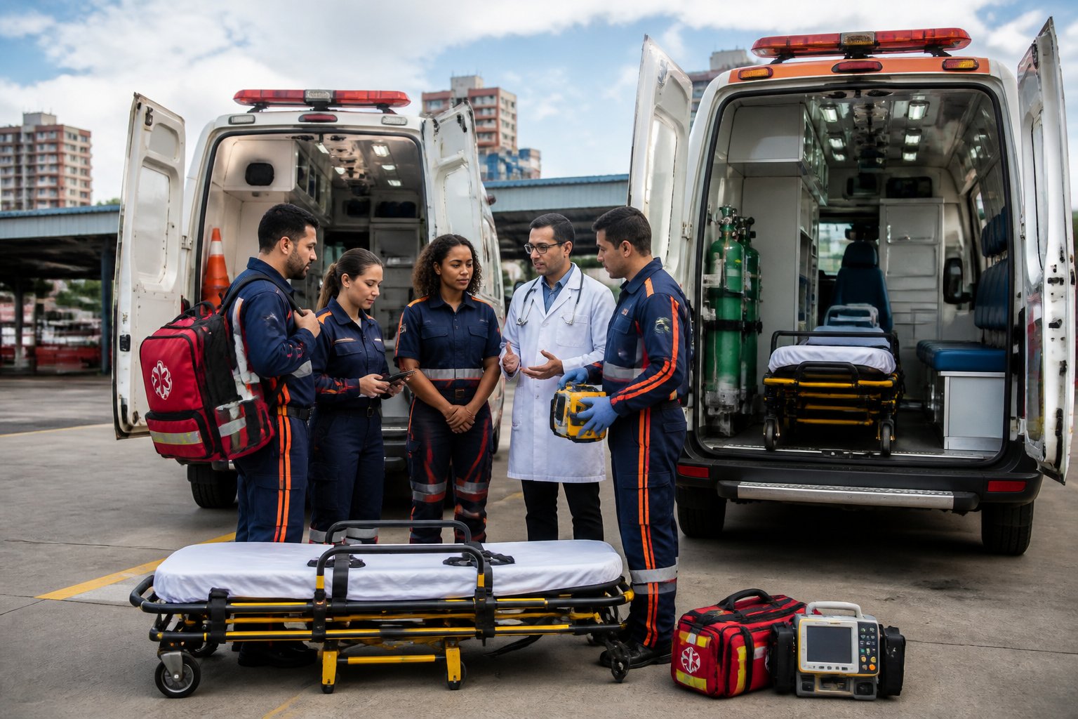 Profissionais de emergência organizam equipamentos ao lado de duas ambulâncias com diferentes níveis de suporte.