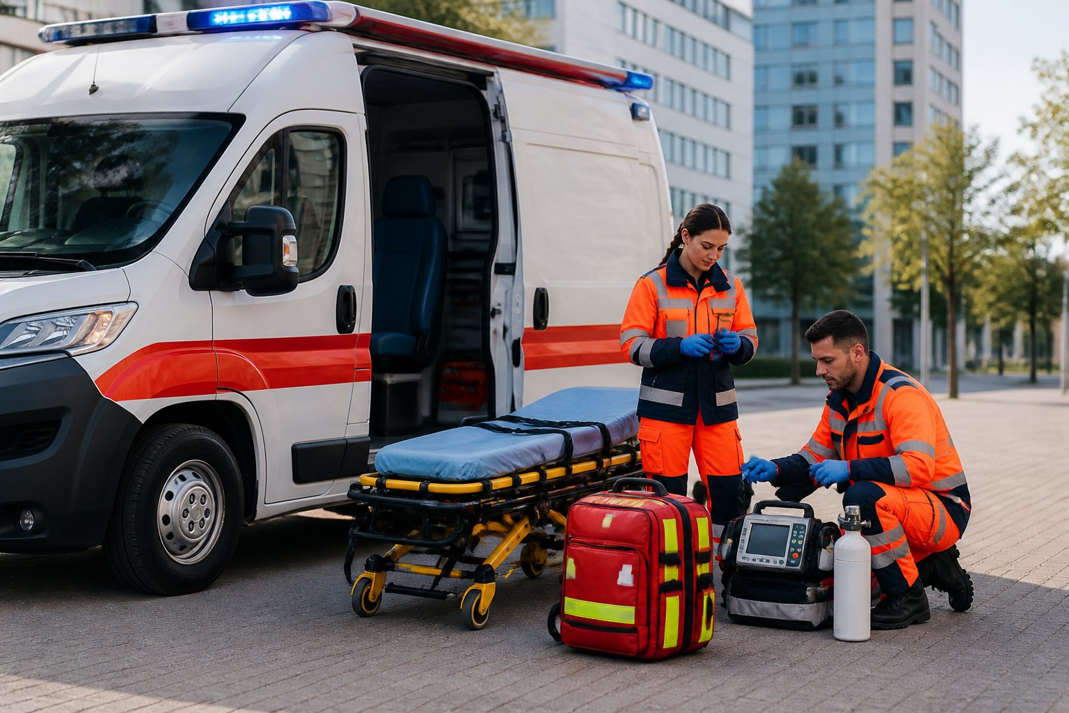 Socorristas preparam equipamentos ao lado de uma ambulância de resgate em uma área urbana.