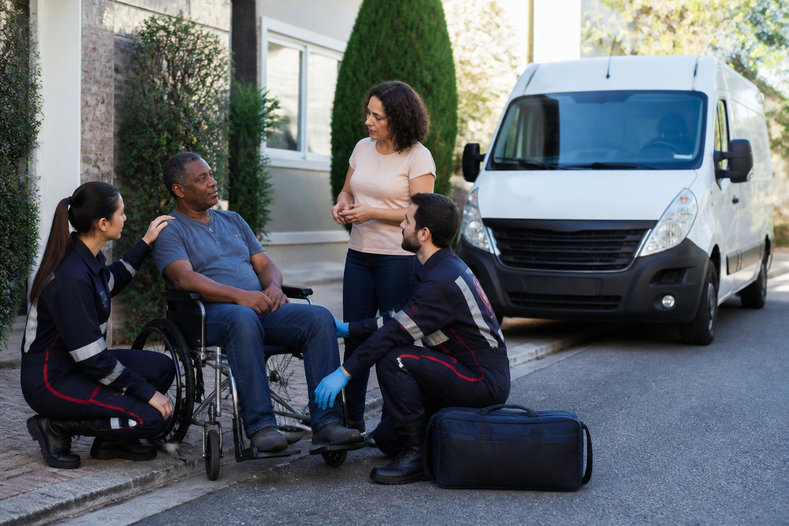 Paramédicos prestam atendimento a um adulto em cadeira de rodas diante de uma residência, com uma ambulância estacionada ao fundo.