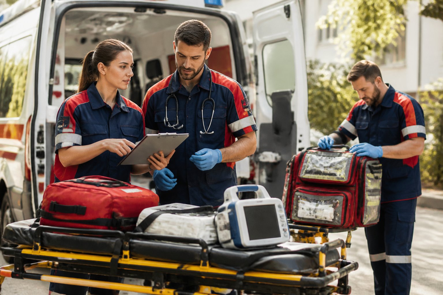 Equipe de profissionais de ambulância particular organiza equipamentos médicos ao lado de uma ambulância.