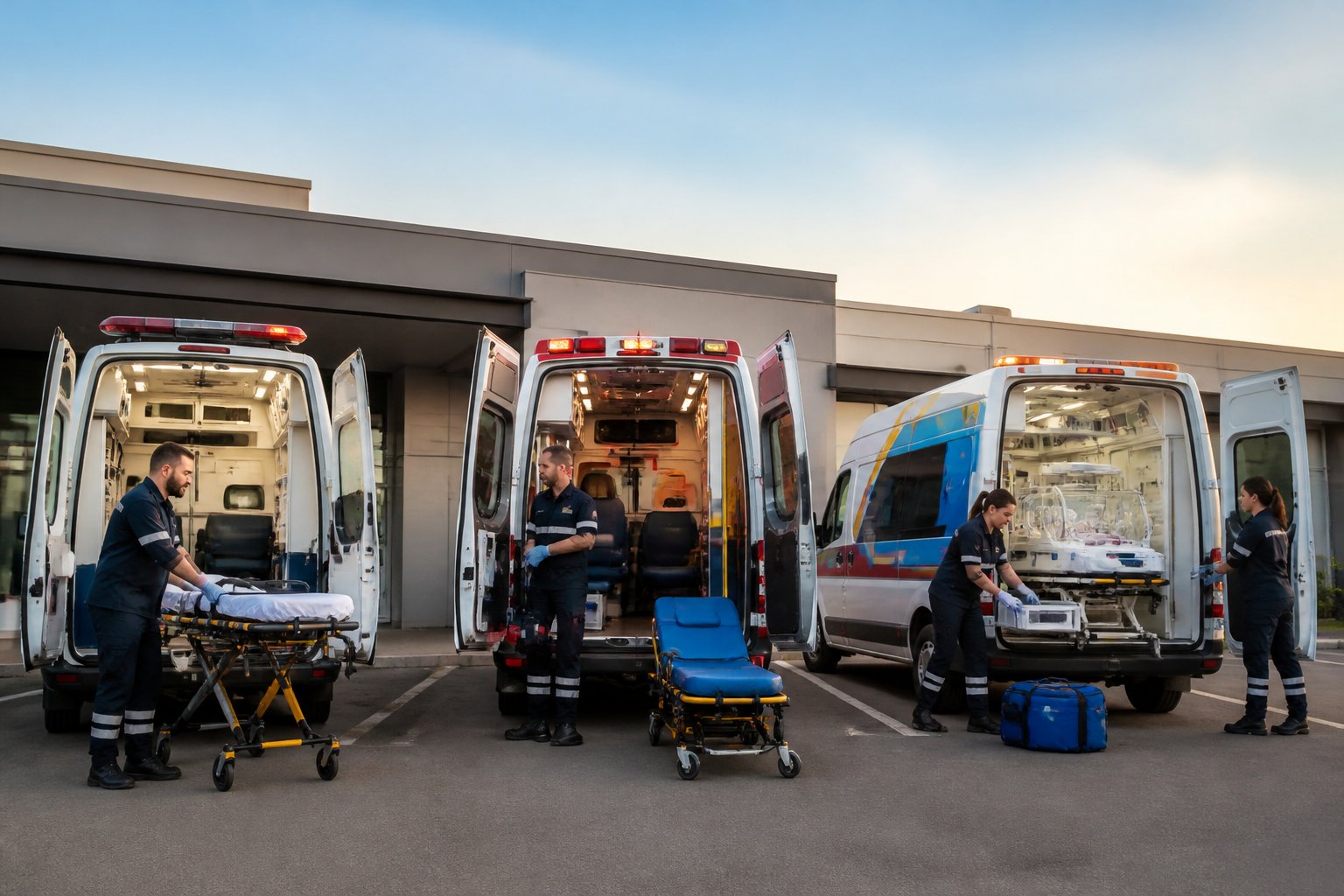 Três tipos de ambulância estacionados enquanto profissionais de emergência inspecionam seus equipamentos.
