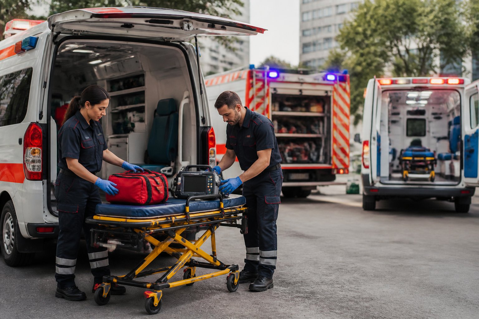 Profissionais de emergência preparam uma maca ao lado de ambulâncias de diferentes níveis de atendimento.