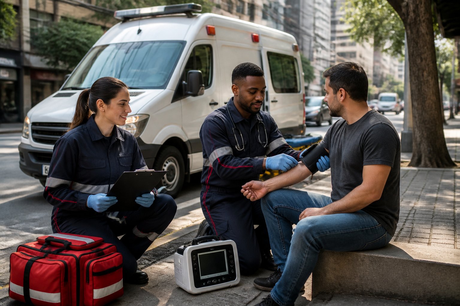 Profissionais de emergência avaliam um paciente ao lado de uma ambulância em uma rua urbana.
