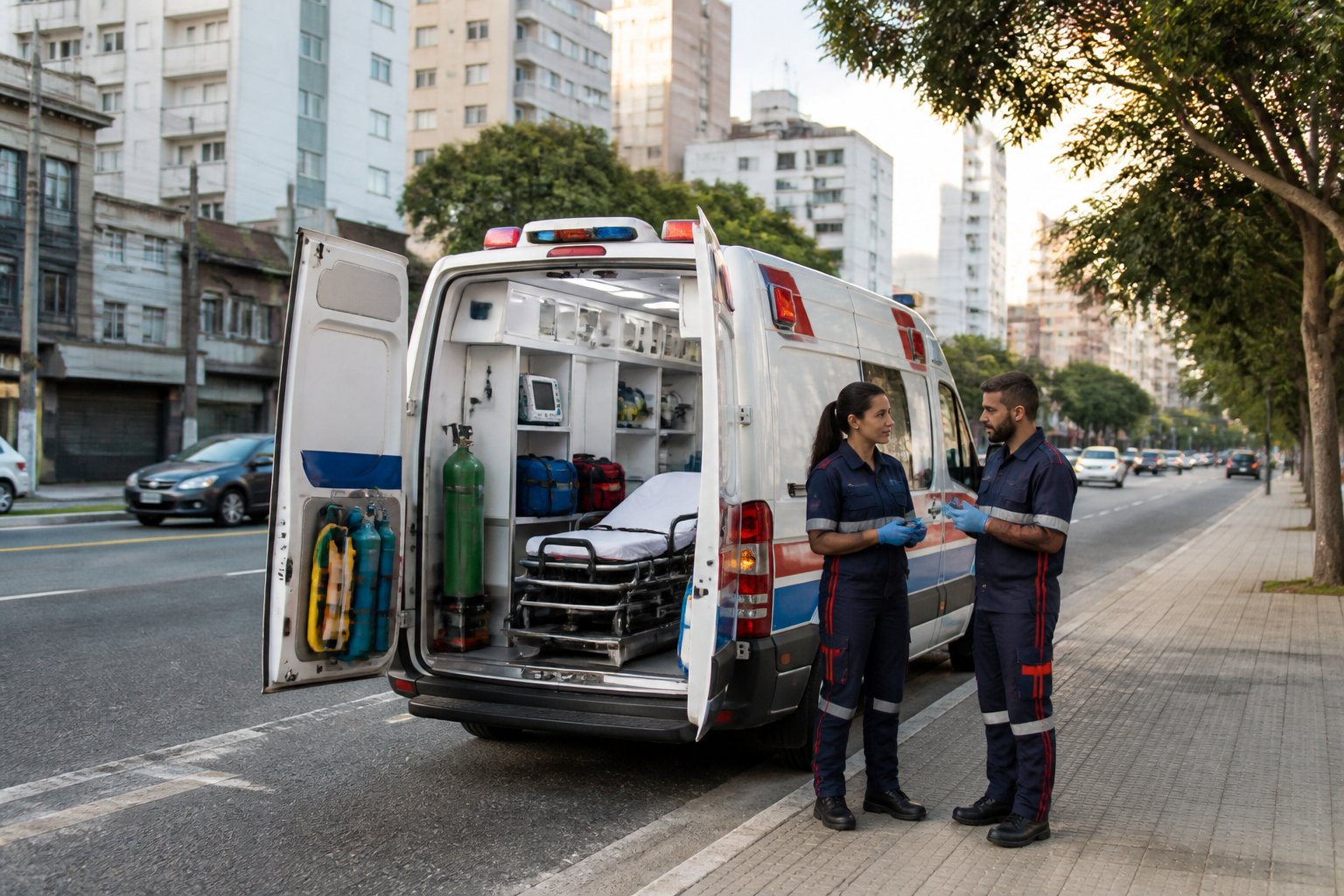 Ambulância particular moderna com equipamentos médicos visíveis e profissionais de saúde ao lado, em uma rua urbana da Zona Norte.
