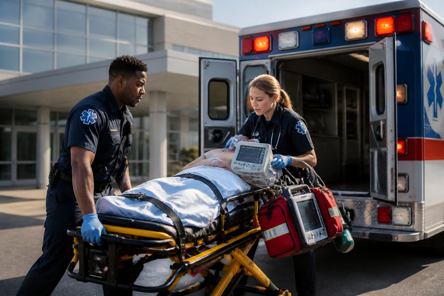 Ambulância Usa: Como Funciona o Sistema de Emergência Médica 1 Paramédicos transferem um paciente crítico em uma maca de uma ambulância para um hospital.