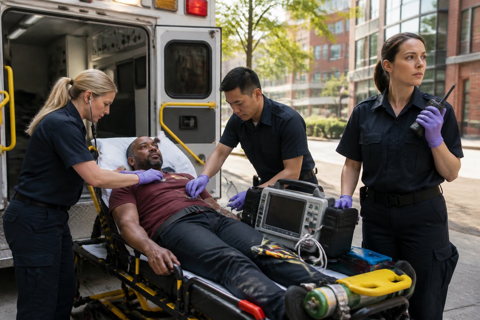 Ambulância Usa: Como Funciona o Sistema de Emergência Médica 2 Equipe de emergência presta atendimento coordenado a um paciente ao lado de uma ambulância.