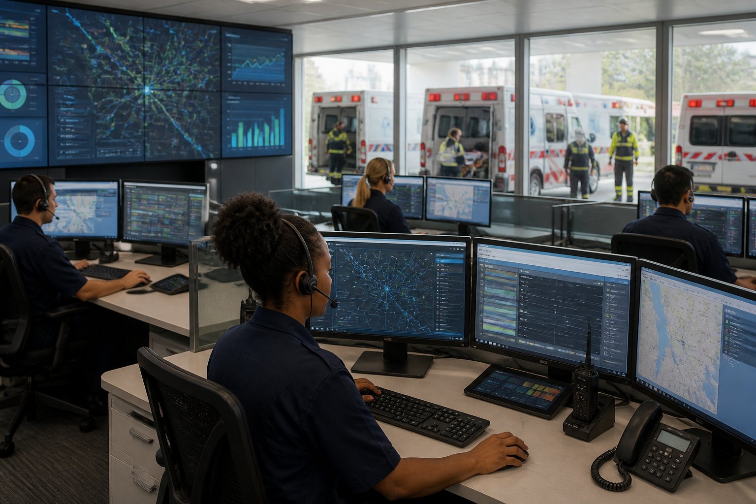 Profissionais coordenam o despacho de ambulâncias em uma central de operações.