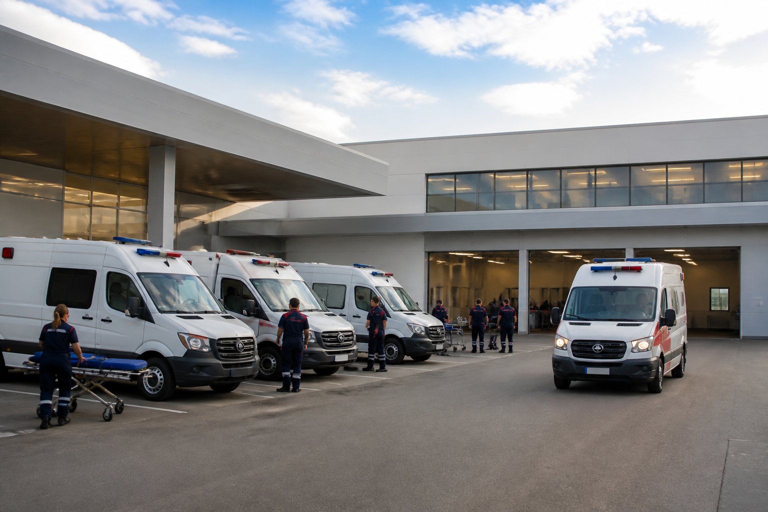 Central de ambulâncias com veículos estacionados e profissionais de emergência em atividade.