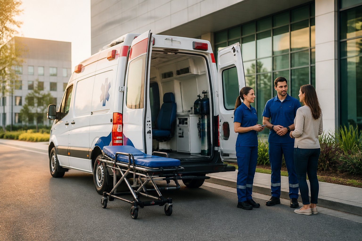 Ambulância moderna estacionada diante de uma clínica, com profissionais de saúde orientando uma pessoa.