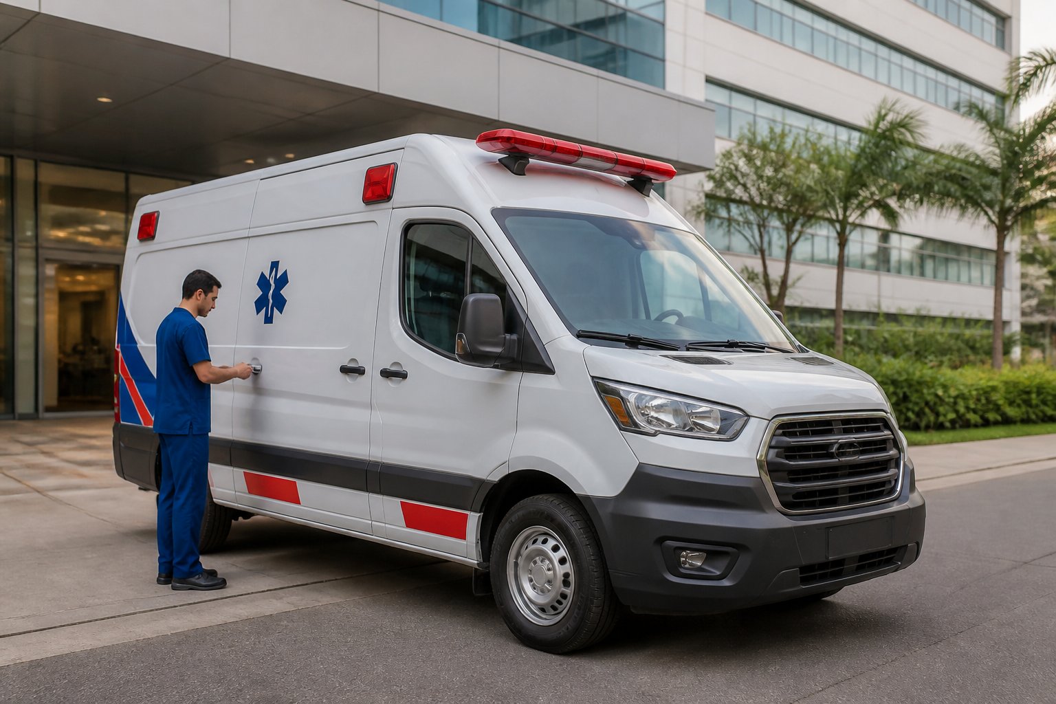 Ambulância moderna estacionada em frente a uma unidade de saúde, com um profissional conferindo o veículo.