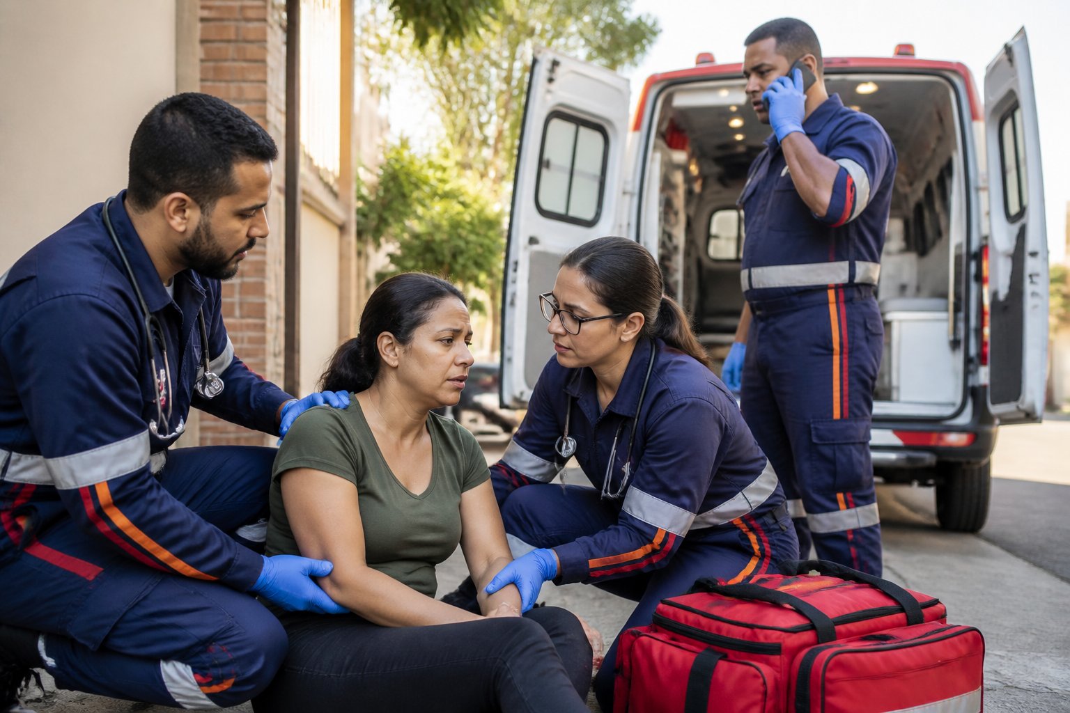 Paramédicos atendem uma pessoa enquanto uma ambulância aguarda ao fundo.