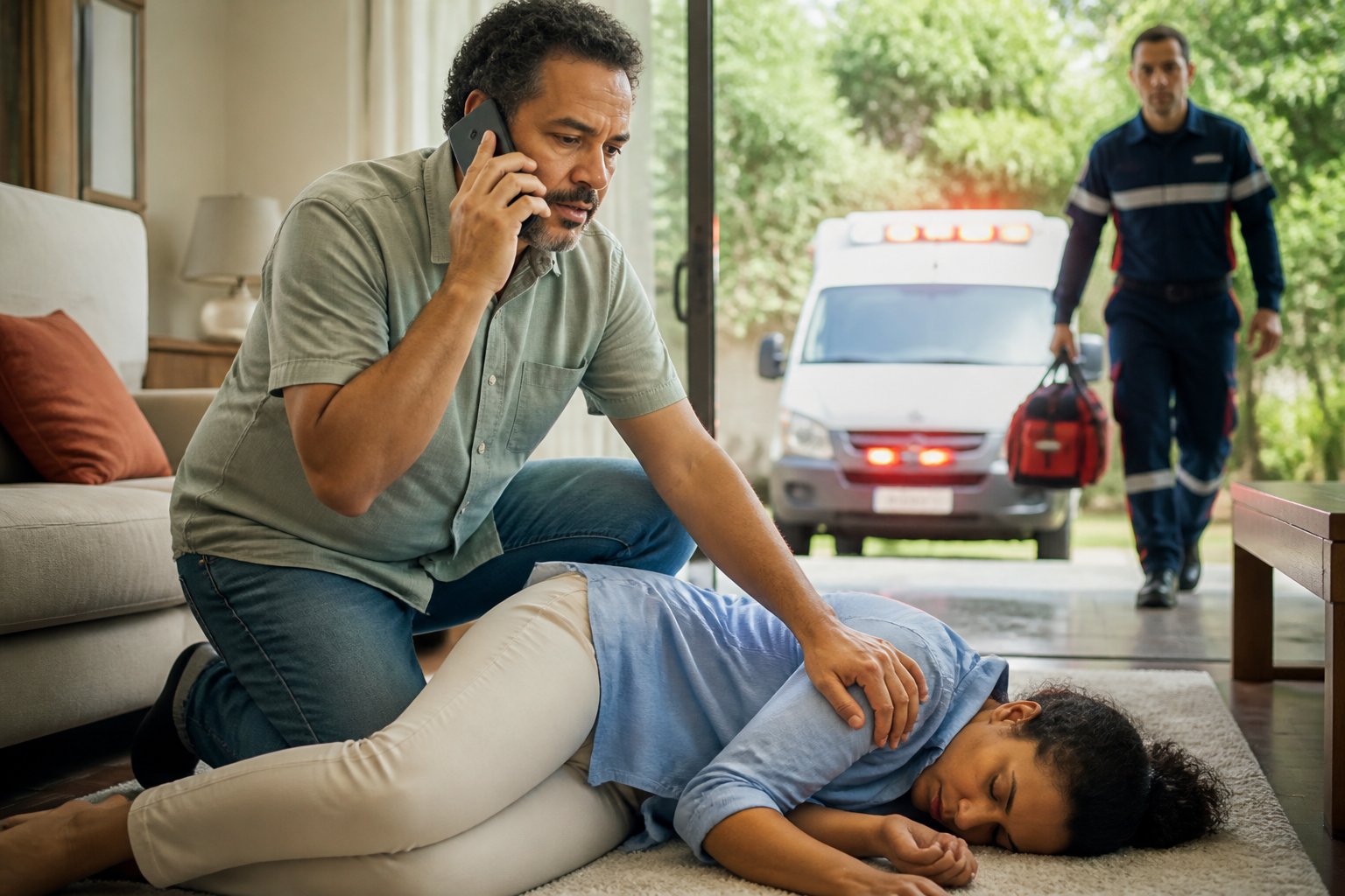 Pessoa faz uma ligação de emergência enquanto uma ambulância chega e um profissional se aproxima com uma bolsa médica.