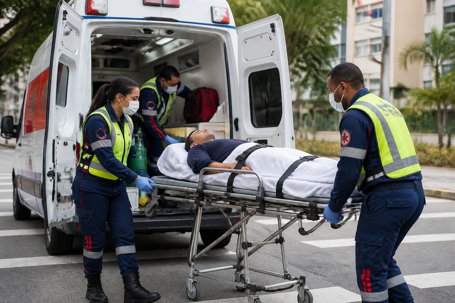 Equipe de emergência atende um paciente em uma maca ao lado de uma ambulância em uma via urbana.