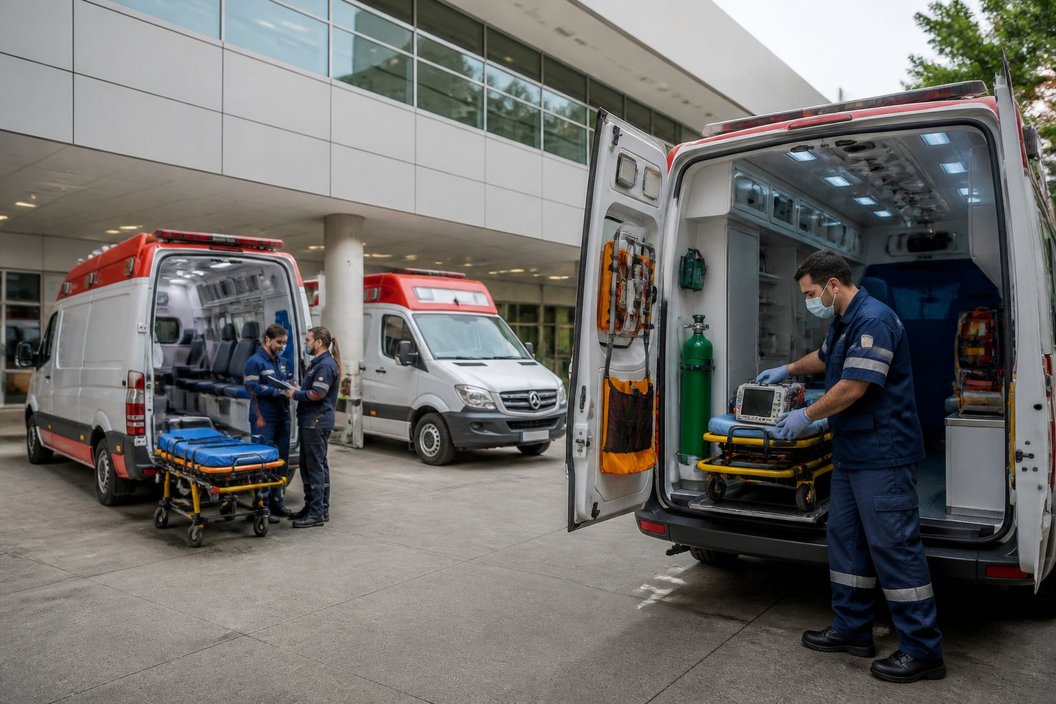Profissionais de emergência organizam diferentes ambulâncias e equipamentos médicos na área externa de um hospital.
