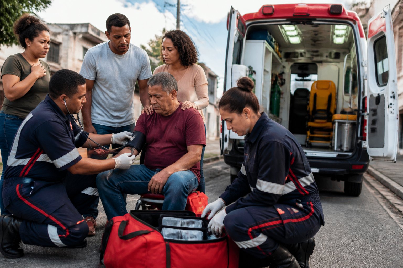 Equipe de emergência presta atendimento a uma pessoa ao lado de uma ambulância em uma rua urbana.