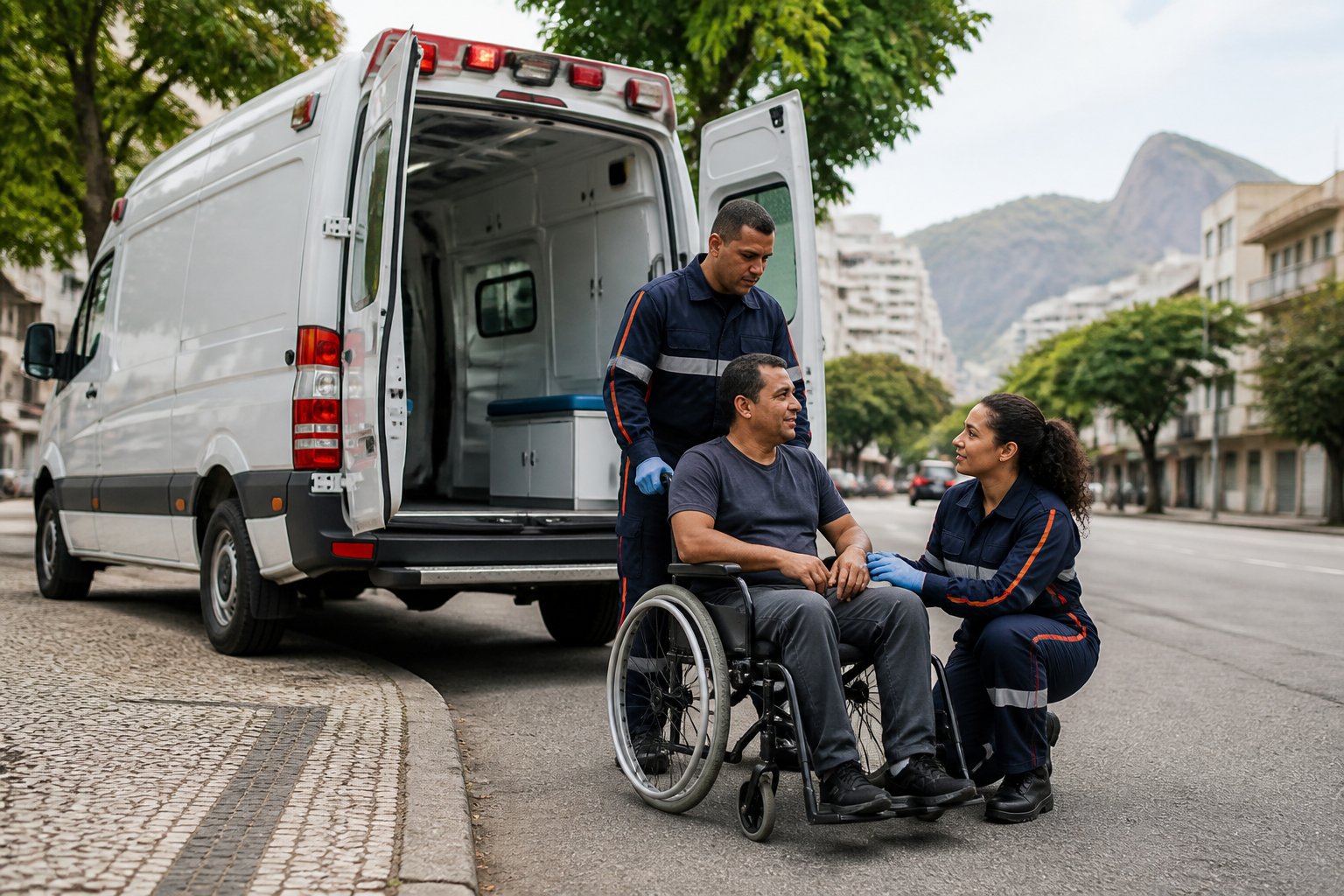 Ambulância Rio de Janeiro: Como Solicitar Atendimento de Emergência 1 Socorristas atendem uma pessoa em cadeira de rodas ao lado de uma ambulância em uma rua do Rio de Janeiro.
