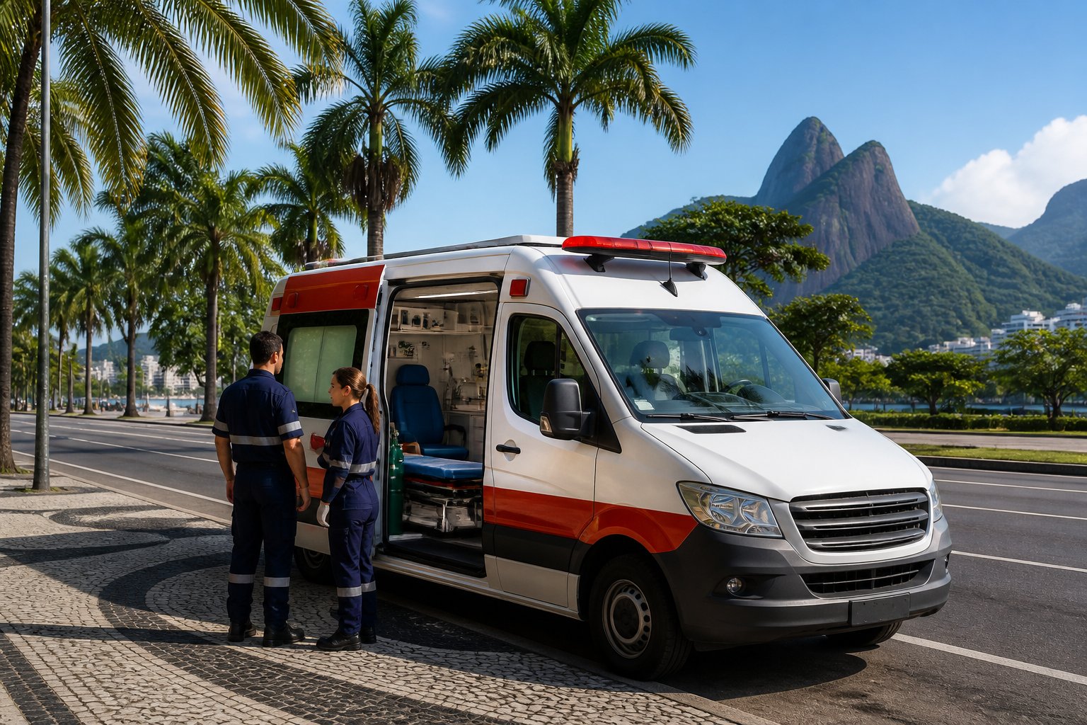 Ambulância Rio de Janeiro: Como Solicitar Atendimento de Emergência 2 Ambulância estacionada em uma avenida do Rio de Janeiro, com profissionais de emergência e montanhas ao fundo.