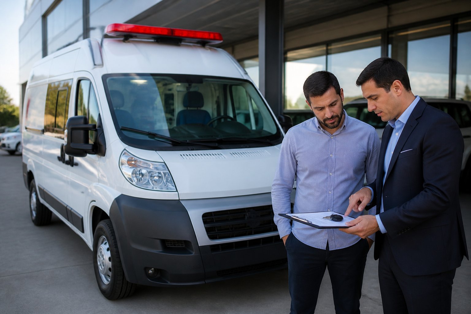 Cliente e atendente analisam documentos ao lado de uma ambulância estacionada.