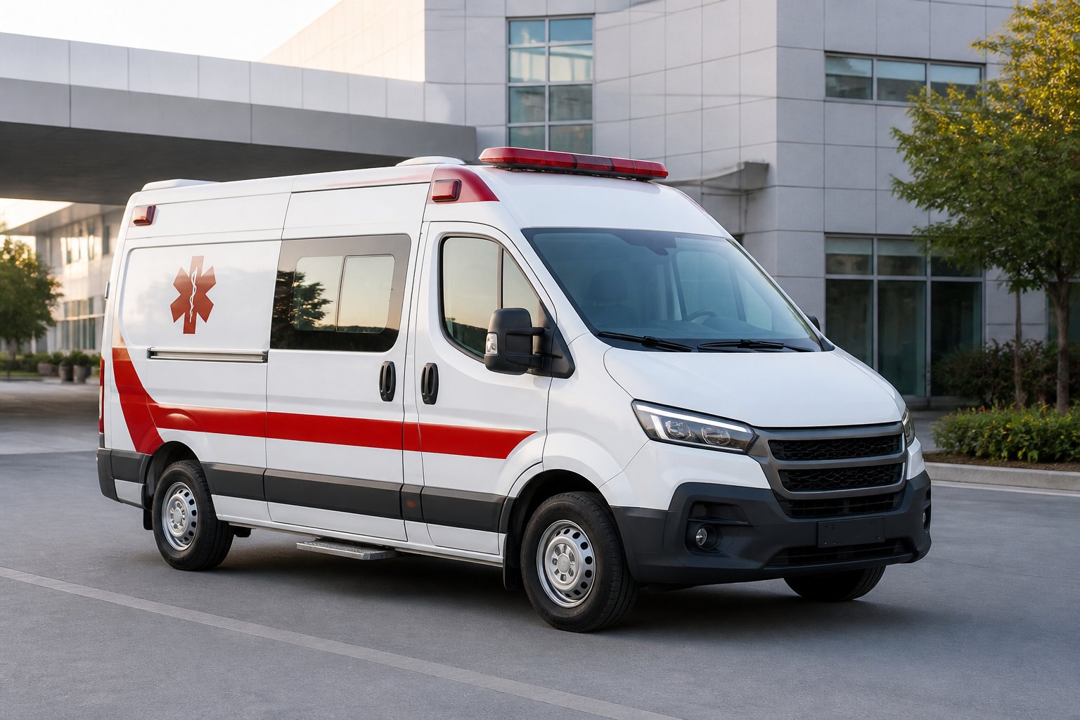 Ambulância moderna estacionada em frente a uma unidade de saúde, sem motorista visível.