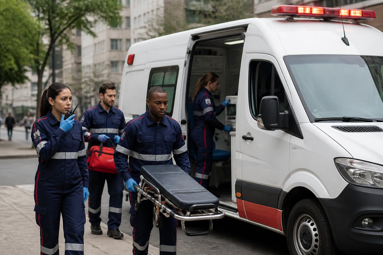 Números de Ambulância: Contatos Essenciais para Emergências 1 Equipe médica se prepara para um atendimento ao lado de uma ambulância em uma rua urbana.