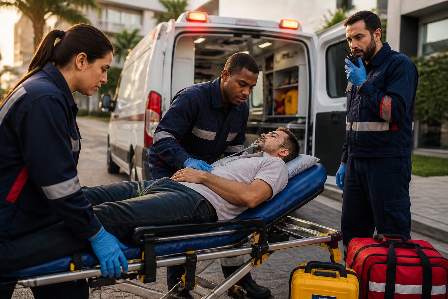 Números de Ambulância: Contatos Essenciais para Emergências 2 Paramédicos atendem uma pessoa em uma maca ao lado de uma ambulância em uma rua urbana.