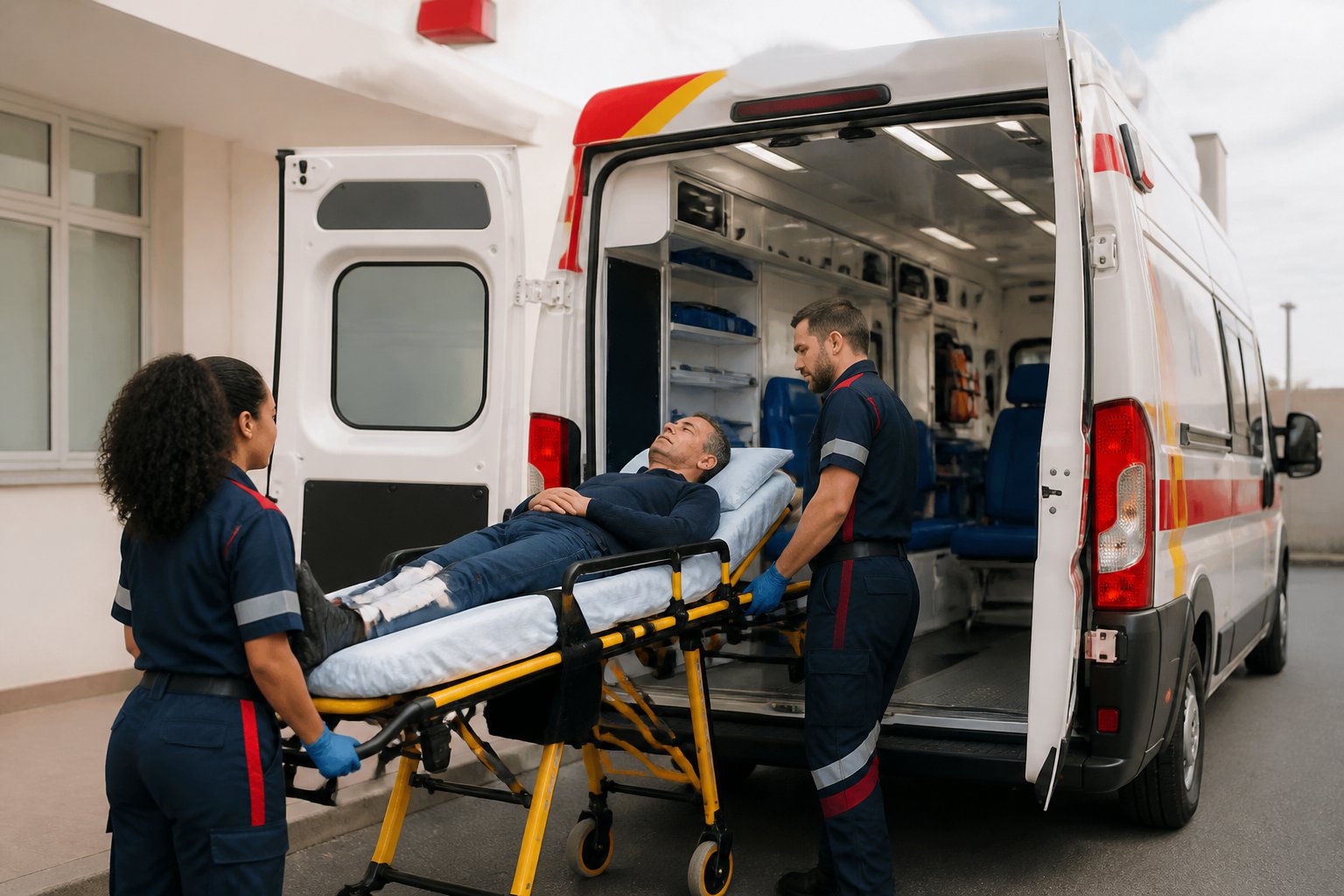 Profissionais de emergência transportam um paciente em uma maca até uma ambulância.