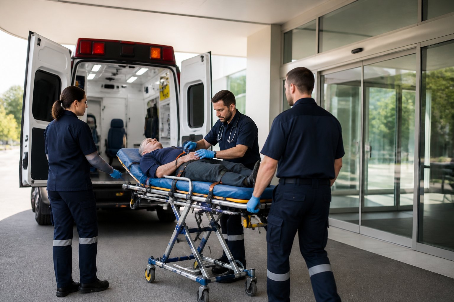 Paramédicos transportam um paciente em uma maca para uma ambulância diante de um hospital.
