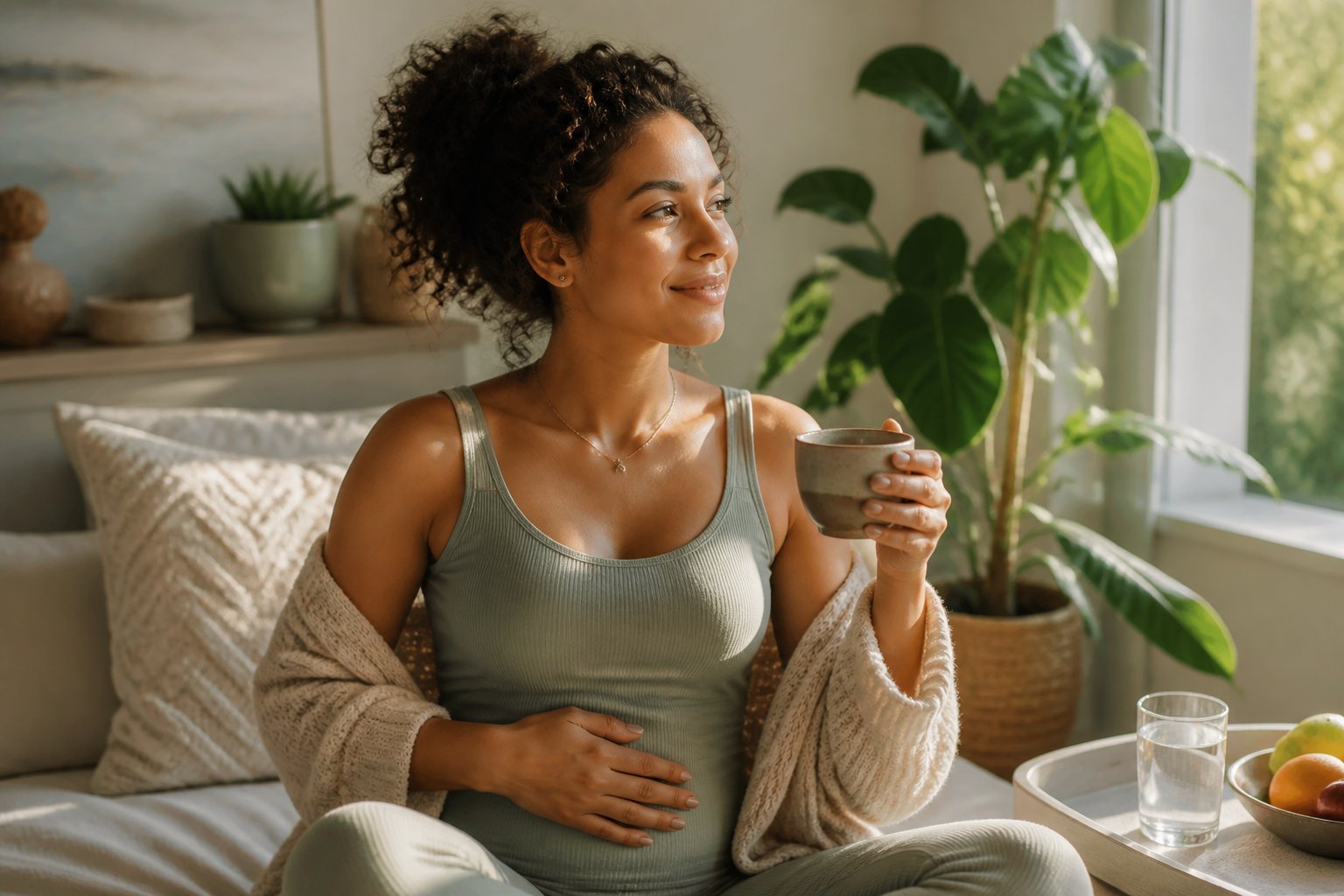 A relaxed woman sits by a sunny window holding tea and resting a hand on her abdomen in a cozy wellness setting.